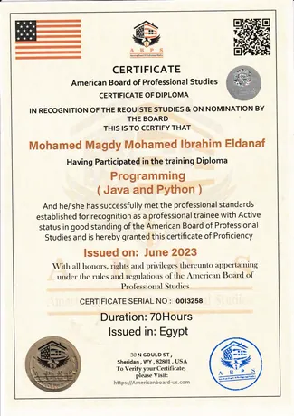 Java & Python Programming Diploma certificate