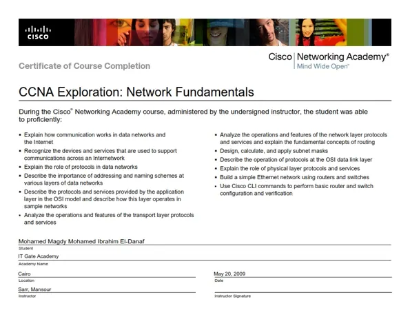 CCNA Exploration: Network Fundamentals certificate