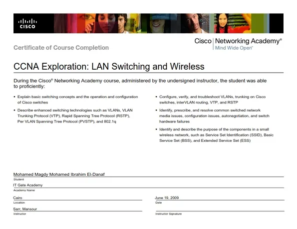 CCNA Exploration: LAN Switching & Wireless certificate