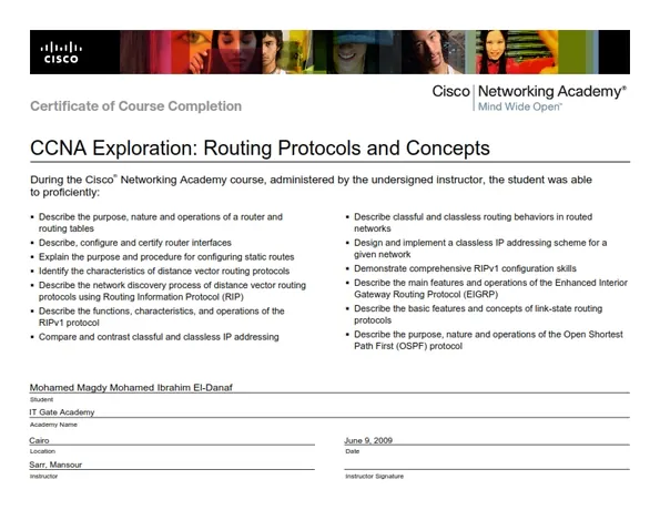 CCNA Exploration: Routing Protocols & Concepts certificate