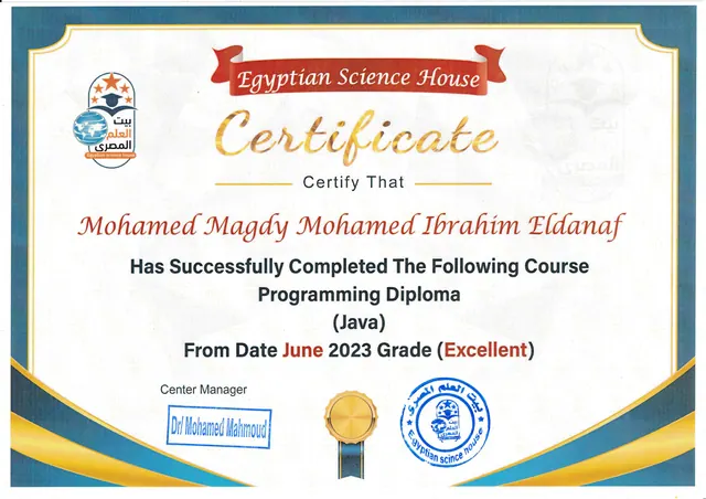 Java Programming Diploma certificate