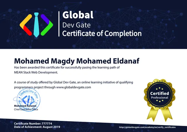 MEAN Stack Web Development certificate