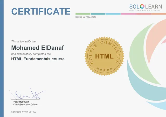HTML Fundamentals certificate