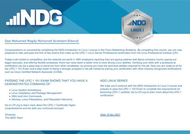 NDG Introduction to Linux I certificate
