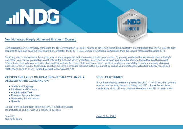 NDG Introduction to Linux II certificate